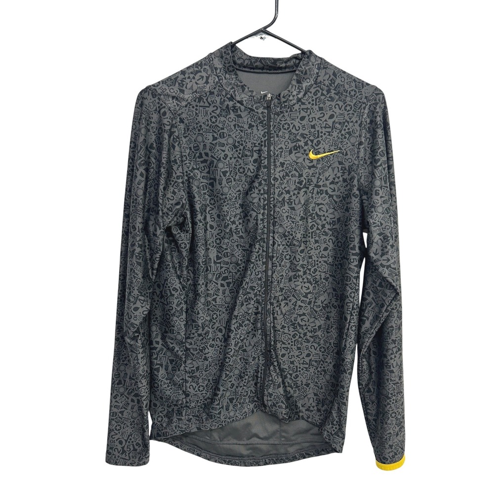 Nike Dri Fit Cycling Jersey M Gray Graphic Full Zip Long Sleeve Bike Shirt